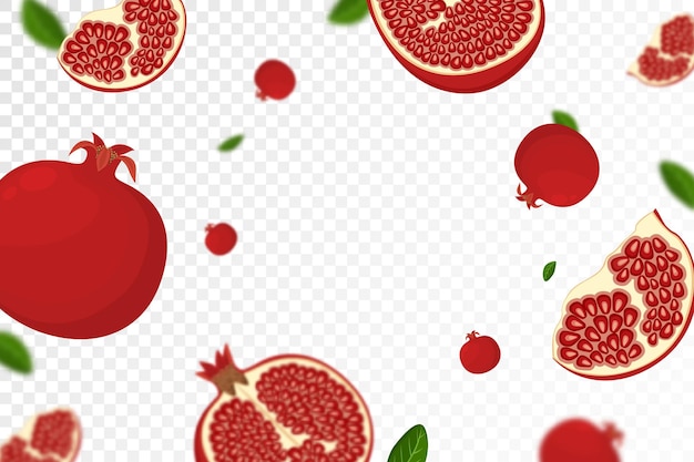 Grenade tombante isolée sur fond transparent Voler des fruits de grenade entiers et tranchés avec effet flou Peut être utilisé pour la conception plate de vecteur de bannière d'emballage publicitaire
