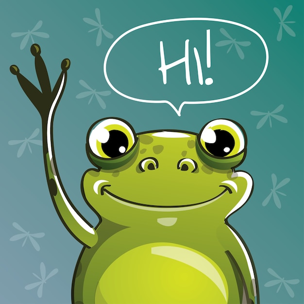 Vecteur grenouille amusante de dessin animé mignon. carte de voeux, carte postale. bonjour.