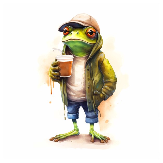 Vecteur la grenouille boit du café à l'aquarelle.