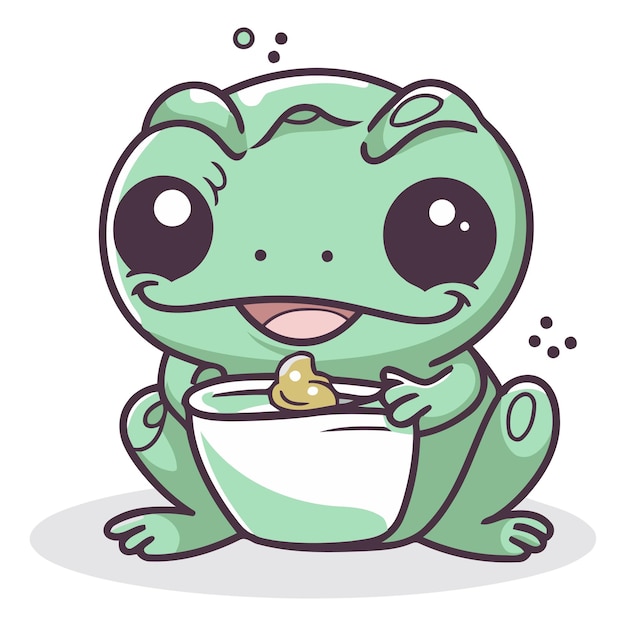 Vecteur la grenouille avec un bol de nourriture cute illustration vectorielle de dessin animé