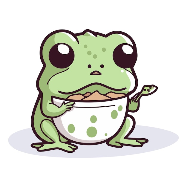 Vecteur une grenouille avec un bol de nourriture dans le style des dessins animés