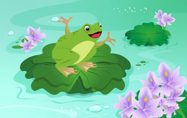 Grenouille heureuse chantant avec une fleur de jacinthe d'eau dans l'étang Illustration mignonne