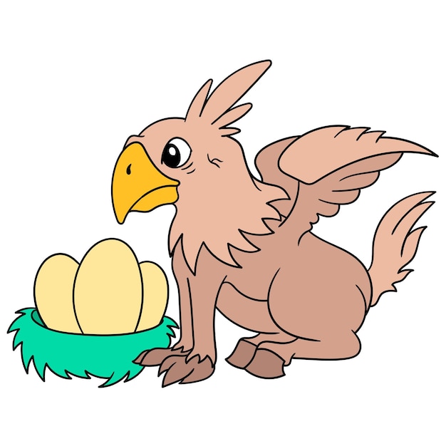 Vecteur griffins hippogriffe s'occupant des œufs de ses poussins, illustration vectorielle art. doodle icône image kawaii.