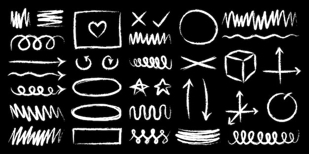 Des griffonnages à la craie blanche et des dessins à la main, un élément de design graphique sur un fond noir