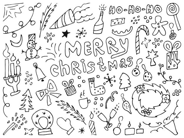 Des griffonnages de Noël dessinés à la main Noël Hiver Nouvel An contour noir Design moderne