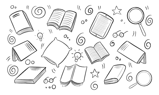 Des griffons de livres dessinés à la main, une tablette et des objets liés à la lecture