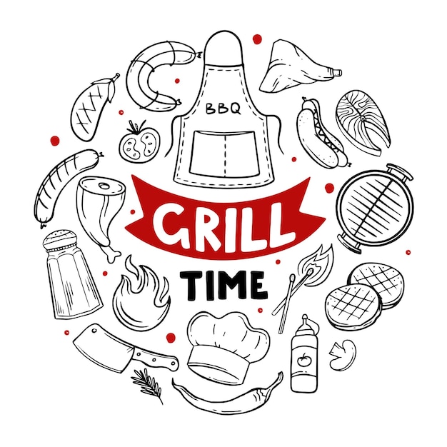 Grill Time éléments De Menu Dessinés à La Main Du Restaurant Bar Café