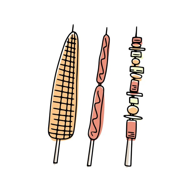 Grille De Barbecue Doodle Dessinés à La Main Isolé Sur Fond Blanc Brochettes Pour La Conception Du Menu Des Cafés Et Restaurants Vitrines Liées Au Thème Des Plats Grillés