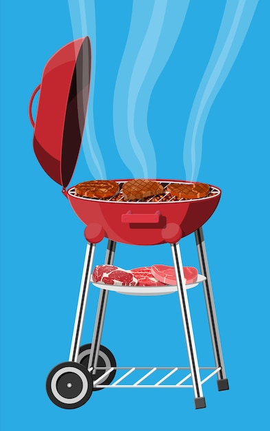 Vecteur grille de barbecue ronde. icône de barbecue. gril électrique. appareil pour faire frire les aliments. viande fraîche et steak. illustration vectorielle dans un style plat