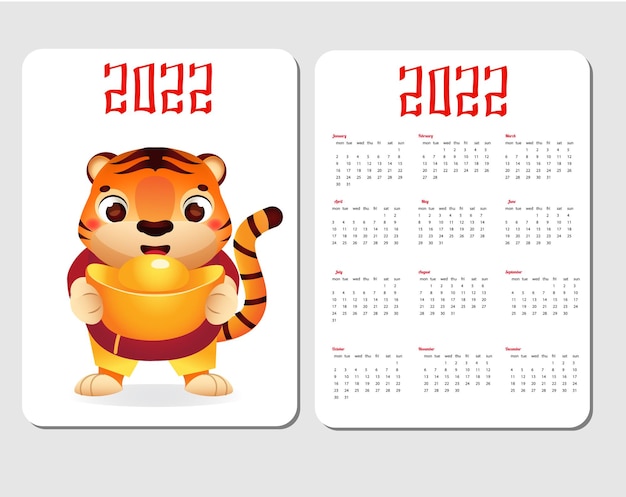 Grille de calendrier de 2022 ans avec tigre. Conception du nouvel an chinois avec le symbole du zodiaque lunaire, le tigre tient le lingot de yuanbao de bateau d'or