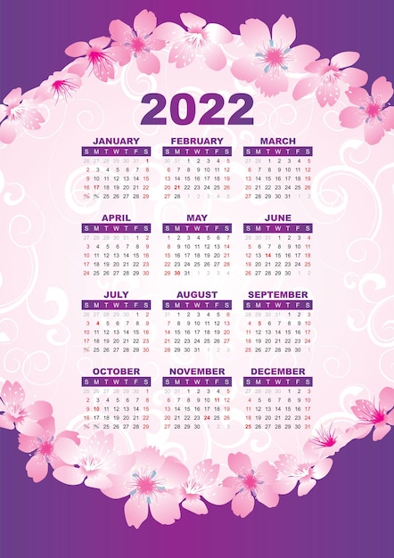 Grille du calendrier 2022 avec fond de fleurs de sakura rose