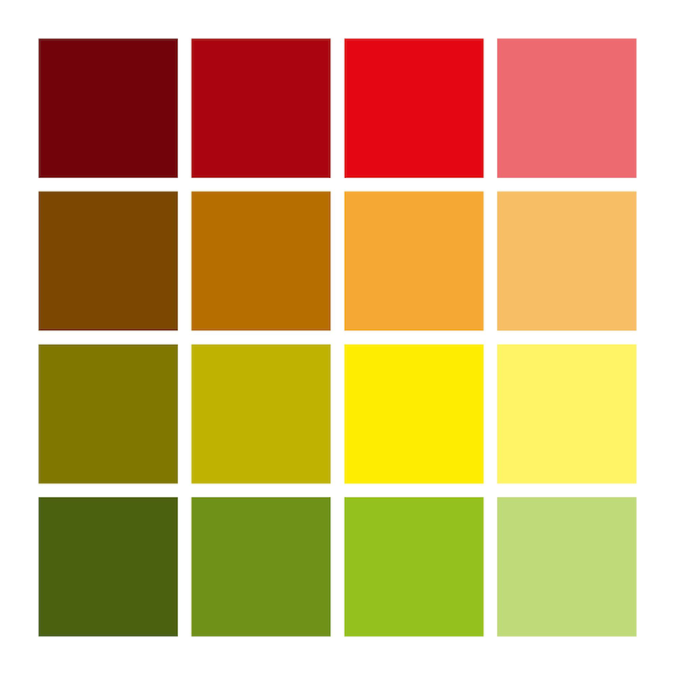 Vecteur grille de palette de couleurs nuances du rouge au vert transition chaude au froid disposition carrée simple