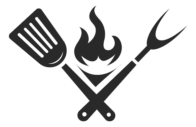 Griller Les Outils Avec Le Feu. Logo Barbecue Noir. Signe De Cuisson De La Viande