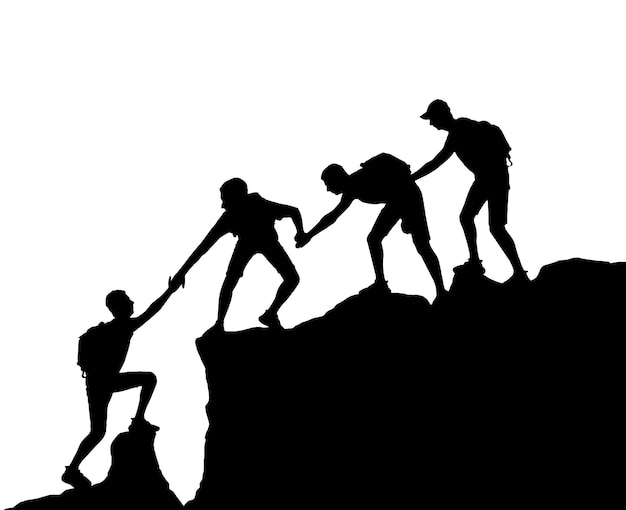 Vecteur les grimpeurs masculins s'entraident dans les montagnes vector silhouette scène d'affaires conceptuelle du travail d'équipe