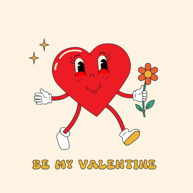 Groovy cartoon lovely heart joyeux jour de la Saint-Valentin concept d'amour pour l'impression de cartes d'affichage sur les réseaux sociaux