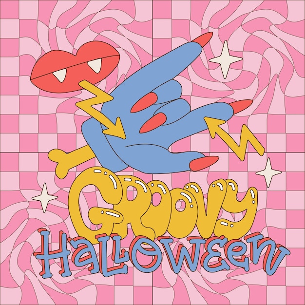 Groovy Halloween Carte De Souhaits Ou Poster Spooky Party Pour Halloween Vacances Main Zombie Gesticulant Ro