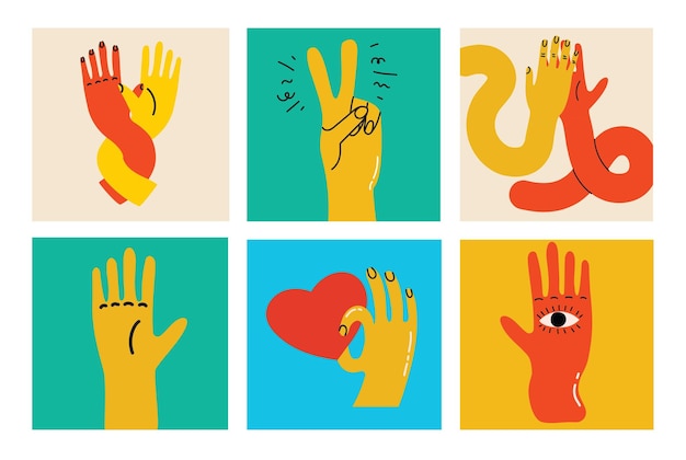 Groovy hippie ensemble de mains colorées avec différents gestes Mains avec coeur ensemble mains et etc. Illustration vectorielle dessinés à la main