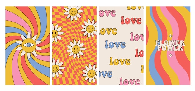 Groovy Hippie S Affiches Set Drôle Dessin Animé Flower Power Arc-en-ciel Amour Marguerite Déformé Damier Backgr