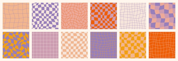 Groovy Retro Checkerboard Seamless Patterns Set Psychedelic Abstract Grid Background in 1970s Style Y2K Wavy Texture in Pink Purple Orange Violet Colors for Print on Textile Web Design