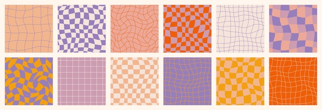 Vecteur groovy retro checkerboard seamless patterns set psychedelic abstract grid background in 1970s style y2k wavy texture in pink purple orange violet colors for print on textile web design