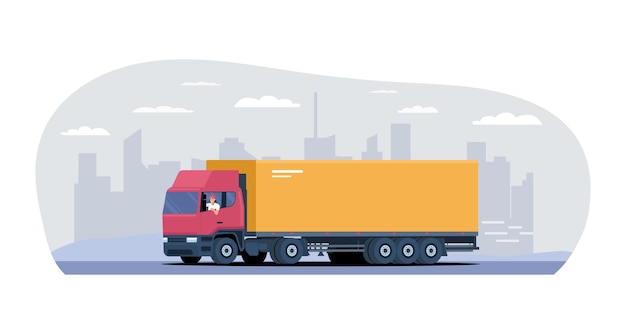 Un gros camion avec un chauffeur roule sur le fond d'un paysage urbain abstrait Illustration vectorielle