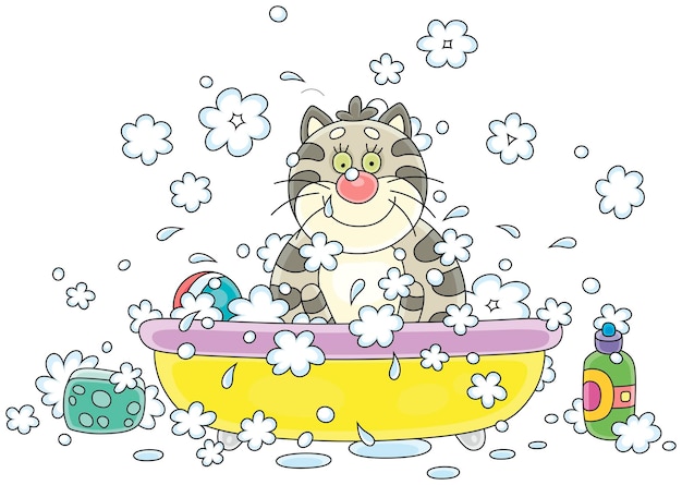 Gros chat drôle se relaxant et se lavant dans un bain moussant avec illustration de dessin animé vectoriel en mousse