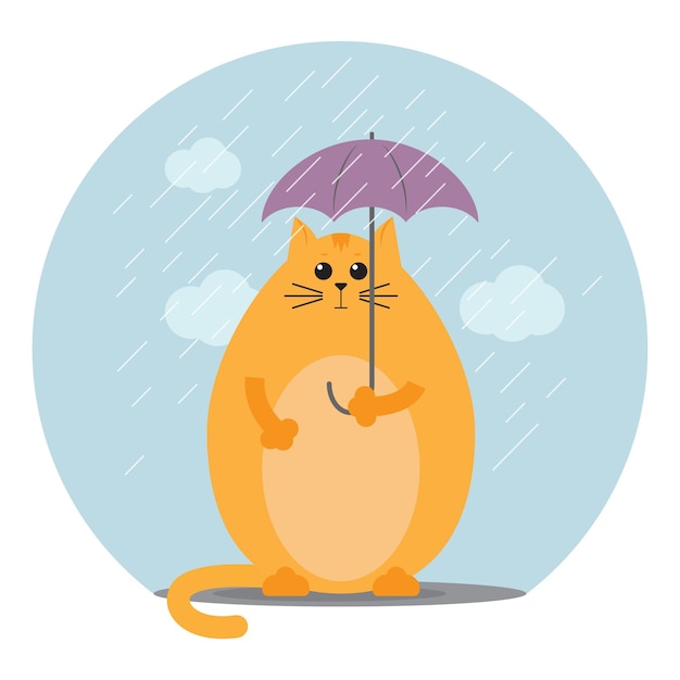 Gros chat drôle sous un petit parapluie dans un style plat. Temps froid d'automne d'automne