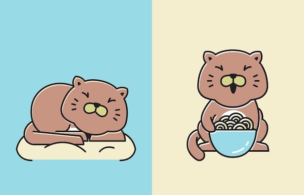 Gros Chat Heureux Manger Sommeil Illustration Mascotte Dessin Animé Plat