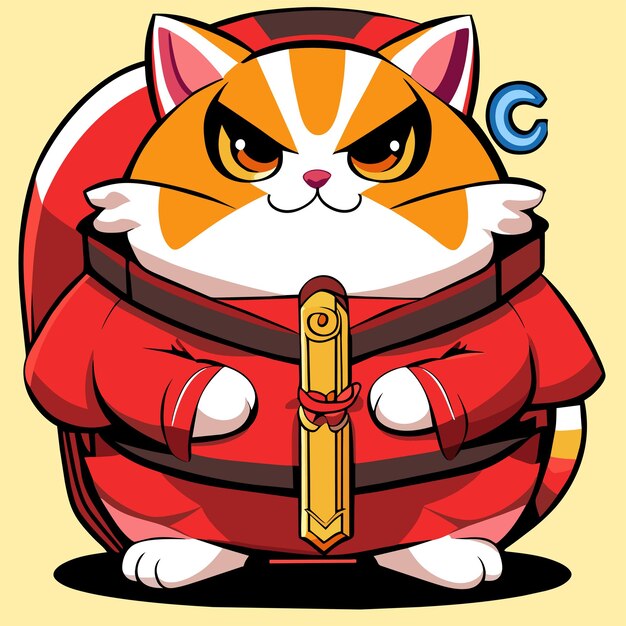 Vecteur gros chat japonais maneki neko dessin animé dessiné à la main autocollant icône concept illustration isolée