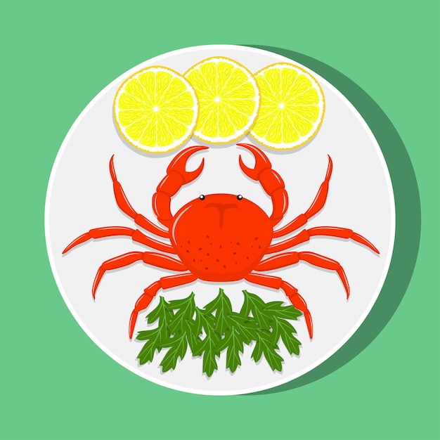 Gros Crabe Rouge Sur Une Plaque Blanche Avec Des Tranches De Citron Et Des Herbes Illustration Plate Vectorielle