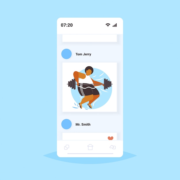 Gros Homme Obèse Soulevant Des Haltères En Surpoids Mec Afro-américain Entraînement Cardio Entraînement De Perte De Poids Concept Smartphone écran Application Mobile En Ligne