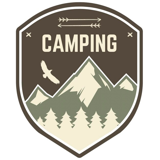 un gros plan d'un badge avec un oiseau volant au-dessus d'une montagne