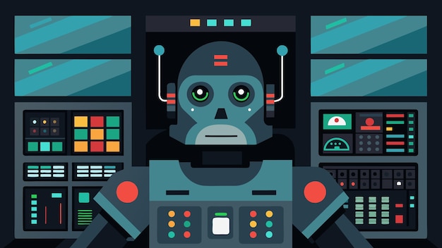 Un gros plan complexe d'un panneau de commande de robots avec des interrupteurs et des écrans affichant des éléments complexes