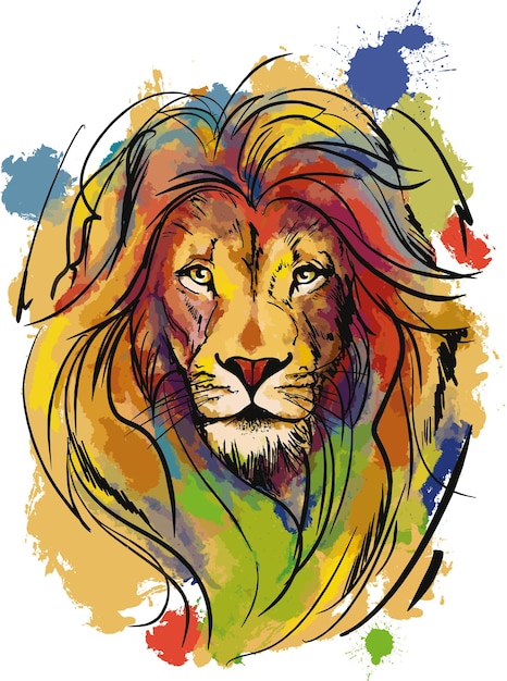 Gros plan du visage de lion peint en couleurs À L'AQUARELLE ET CROQUIS SUR FOND NOIR