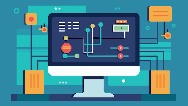 Vecteur un gros plan d'un écran d'ordinateur affichant les circuits et la programmation complexes utilisés pour contrôler un