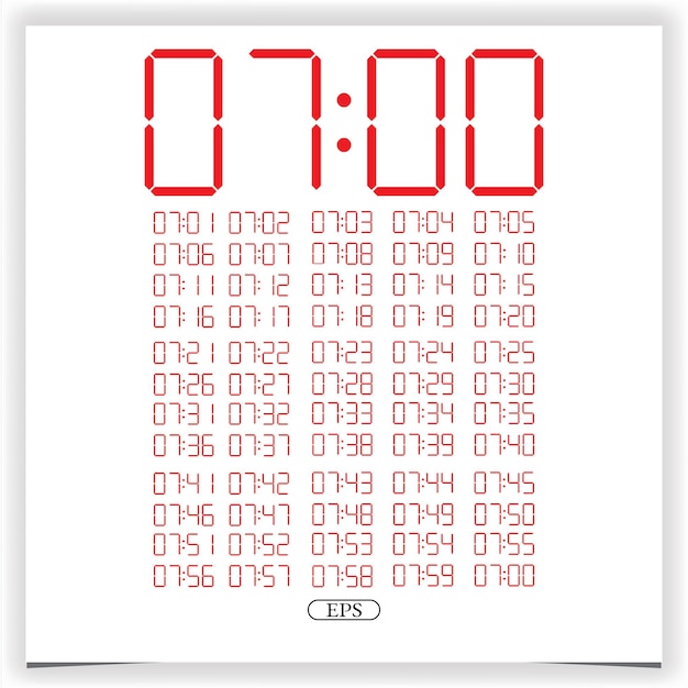 Gros Plan D'horloge Numérique Affichant 7 Heures Numéro D'horloge Numérique Rouge Ensemble De Chiffres électroniques Vecteur Premium