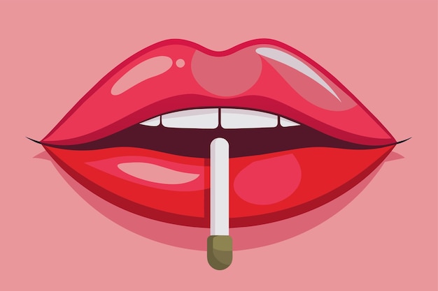 Vecteur un gros plan des lèvres d'une femme avec une cigarette entre elles remplisseur de lèvres illustration plate personnalisable
