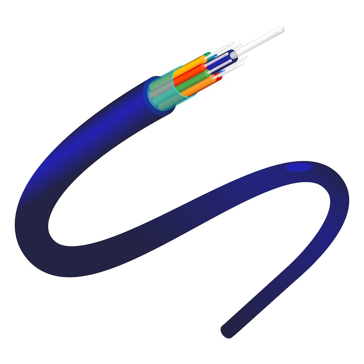 Vecteur gros plan de l'objet de fibre optique de couleur bleue. articles minces et flexibles en verre ou autres solides transparents pour transmettre des signaux lumineux pour les télécommunications