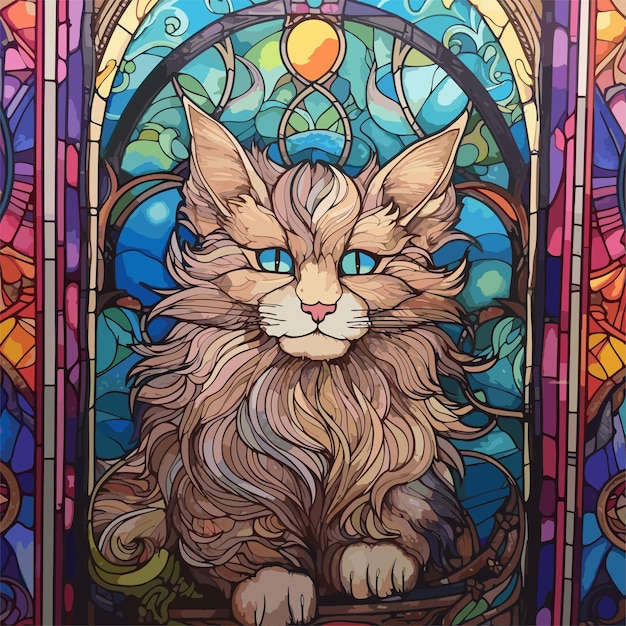gros plan d'un vitrail avec un chat au milieu Illustration animal
