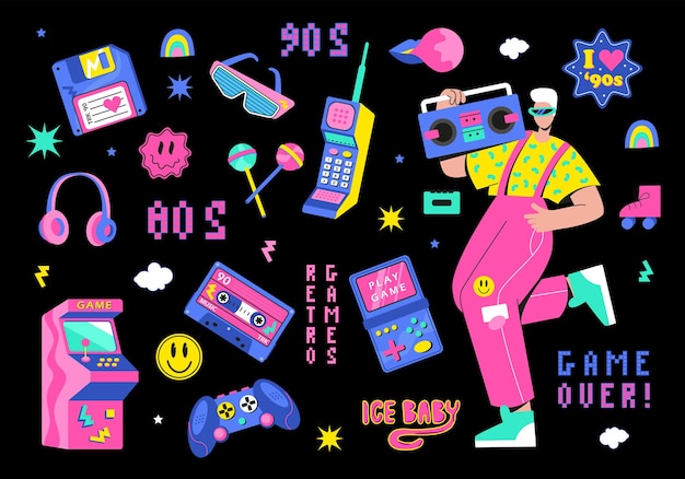 Un gros set rétro des années 90, 80. Gars dansant et jeux, cassette, arkanoid, joystick, set-top box, h