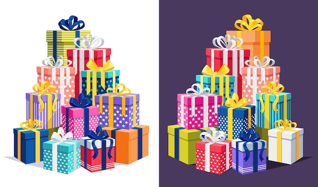 Vecteur gros tas de coffret cadeau, présent avec ruban, arc. pile de cadeaux de vacances. achats de noël, vente