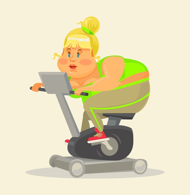 Vecteur grosse femme en gym. grosse femme sur un vélo d'exercice