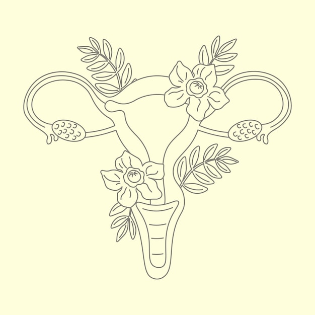 Vecteur grossesse et maternité utérus avec fleurs illustration linéaire système reproducteur de la femme