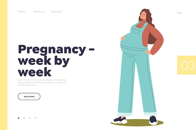 Grossesse semaine par semaine concept de page de destination avec jeune femme enceinte en salopette bleue