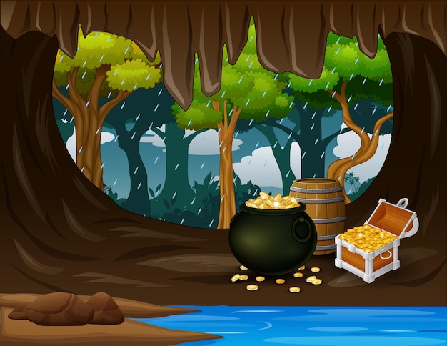 Grotte au trésor avec des pièces d'or dans un coffre et un tonneau en bois