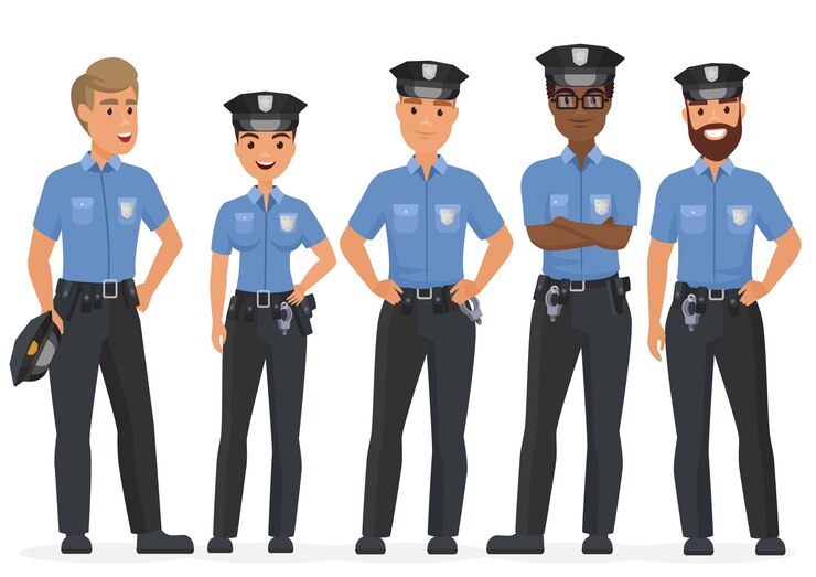 Vecteur groupe d'agents de police de sécurité de dessin animé. personnages de flics femme et homme