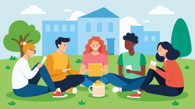 Vecteur un groupe d'amis assis sur une pelouse du campus échangeant des idées sur la façon de minimiser les dépenses tout en restant