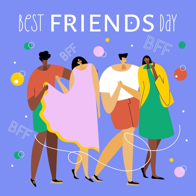 Vecteur le groupe d'amis et la phrase best friends day bff ils sont amusants et festifs journée de l'amitié