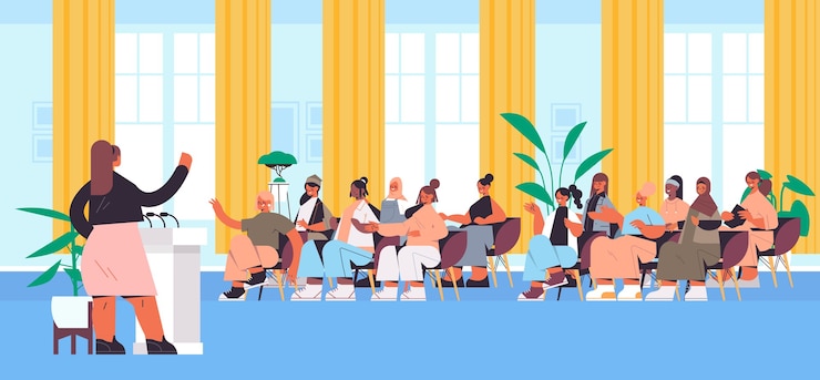 Vecteur groupe d'amis de race mixte discutant lors de la réunion dans le club des femmes filles soutenant les uns les autres union des féministes concept amphithéâtre intérieur illustration vectorielle pleine longueur horizontale