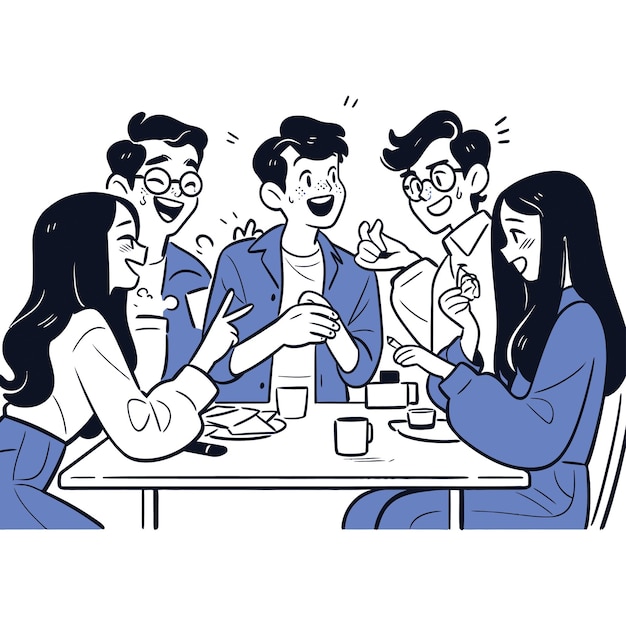 Un groupe d'amis riant et partageant des histoires dans un café illustration vectorielle minimaliste